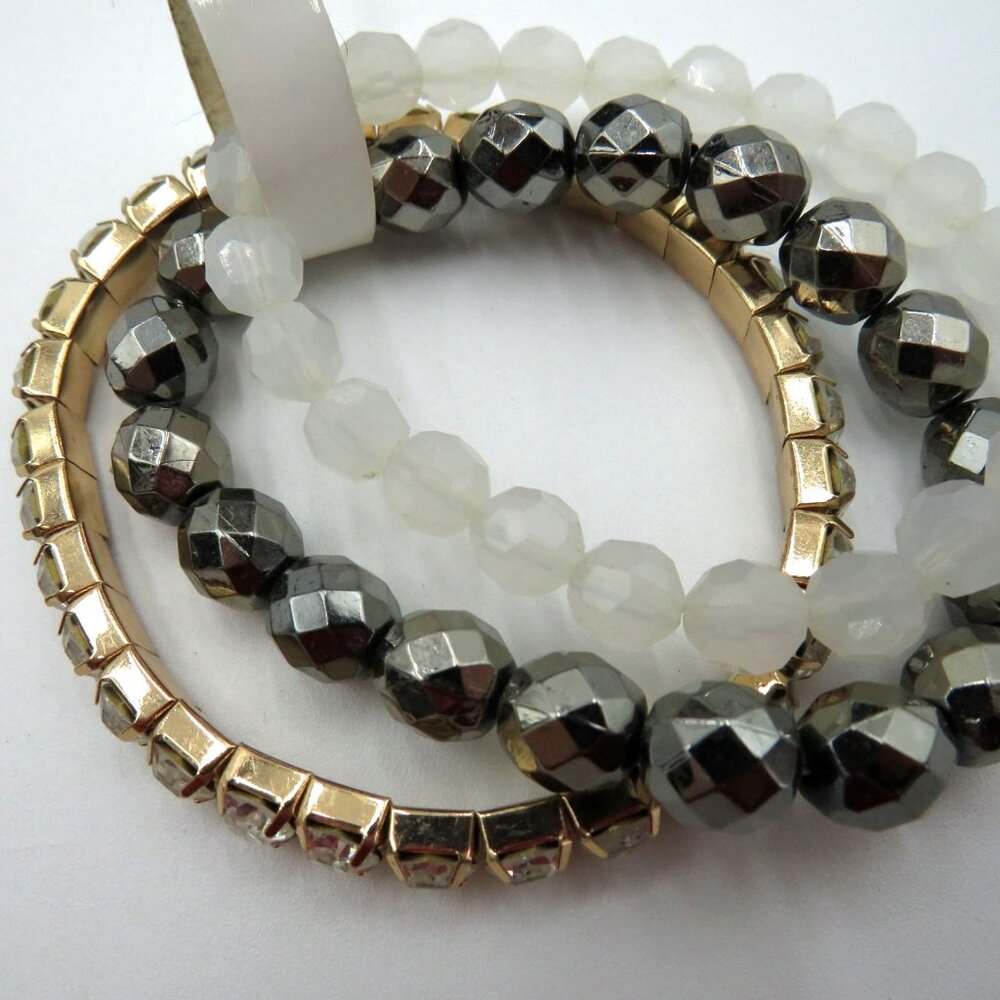 New 3 Beaded Bracelet Set Gold Tone Prong Setting Rhinestones Faceted Beads